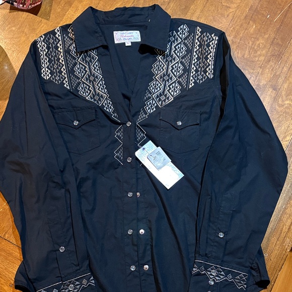 Panhandle Tops - Womens Black Embroidered Button-Down Shirt